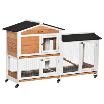 PawHut Cușcă de Exterior cu 2 Nivele, 6 Roți, Tavă Detașabilă, Rampă și Plasă Metalică, 157,4x53x99,5 cm, Galben | Aosom Romania