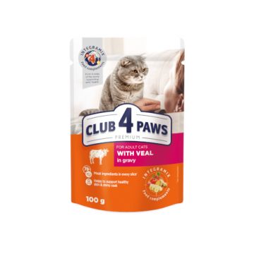 Hrana umeda pentru pisici adulte, CLUB 4 PAWS Premium, vitel in sos, 100g