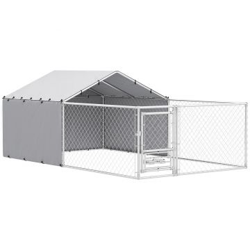 PawHut Țarc pentru Câini de Exterior cu Acoperiș Anti-UV Impermeabil și Boluri Rotative, 400x230x150 cm, Argintiu | Aosom Romania