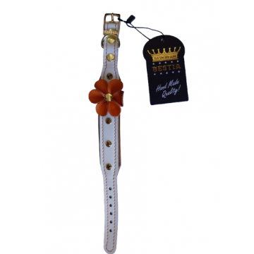 Bestia Zgarda Flower, Piele Naturala, S: 25-30 cm, Alb/ Maro/ Portocaliu