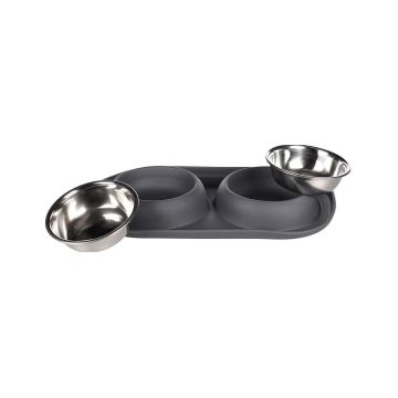 Castron Dublu Antiderapant din Inox pentru Caini, Flamingo Grafa, Dark Grey, 2x220 ml