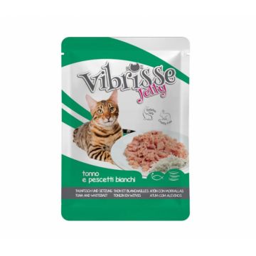 Hrana umeda pentru pisici Croci Vibrisse, Ton si peste alb in aspic, 70g