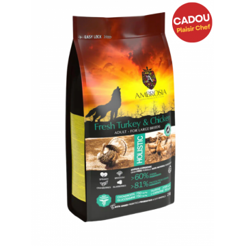 Hrana uscata pentru caini Ambrosia Adult, Curcan proaspat si pui, hipoalergenic, fara cereale, 12kg