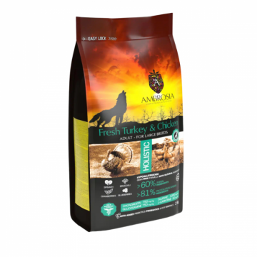 Hrana uscata pentru caini Ambrosia Adult, Curcan proaspat si pui, hipoalergenic, fara cereale, 12kg