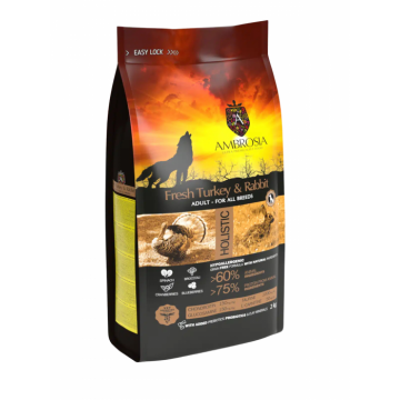 Hrana uscata pentru caini Ambrosia Adult, Curcan si iepure, hipoalergenic, fara cereale, 2kg