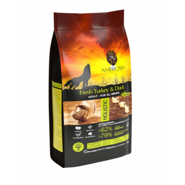 Hrana uscata pentru caini Ambrosia Adult, Curcan si rata, hipoalergenic, fara cereale, 12kg