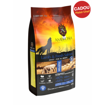 Hrana uscata pentru caini Ambrosia Adult, Miel si somon, hipoalergenic, fara cereale, 2kg