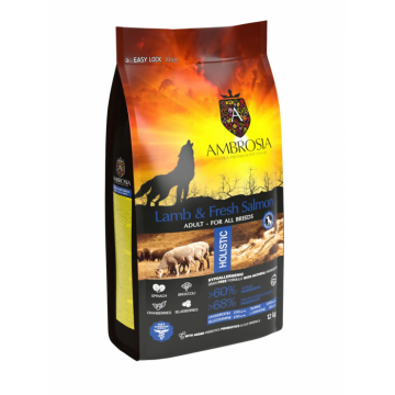 Hrana uscata pentru caini Ambrosia Adult, Miel si somon, hipoalergenic, fara cereale, 2kg