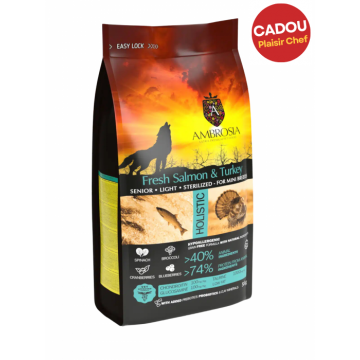 Hrana uscata pentru caini Ambrosia Adult Mini Senior Steril, Somon si curcan, hipoalergenic, fara cereale, 5kg