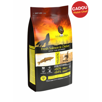 Hrana uscata pentru caini Ambrosia Adult Mini, Somon si pui, hipoalergenic, fara cereale, 2kg