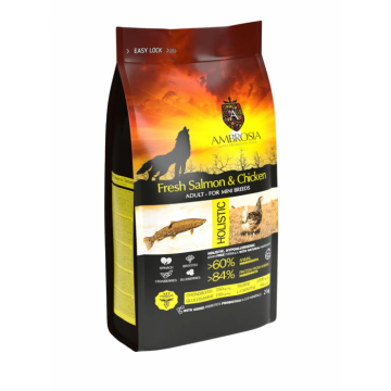 Hrana uscata pentru caini Ambrosia Adult Mini, Somon si pui, hipoalergenic, fara cereale, 2kg