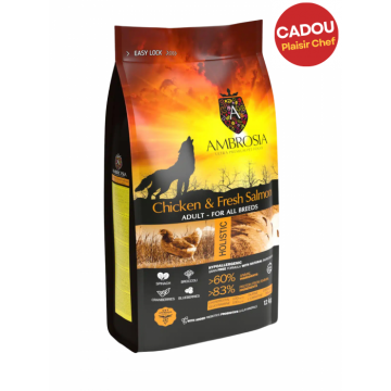 Hrana uscata pentru caini Ambrosia Adult, Pui si somon, hipoalergenic, fara cereale, 12kg