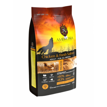 Hrana uscata pentru caini Ambrosia Adult, Pui si somon, hipoalergenic, fara cereale, 2kg