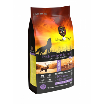 Hrana uscata pentru caini Ambrosia Adult, Vanat si miel, hipoalergenic, fara cereale, 2kg