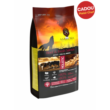 Hrana uscata pentru caini Ambrosia Adult, Vita si somon, hipoalergenic, fara cereale, 12kg