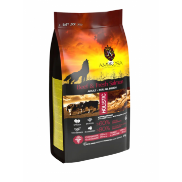 Hrana uscata pentru caini Ambrosia Adult, Vita si somon, hipoalergenic, fara cereale, 2kg