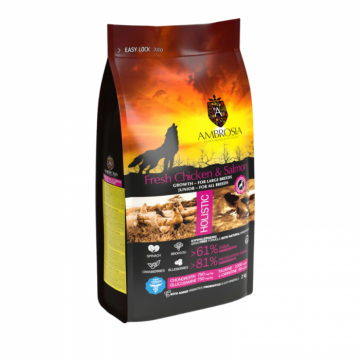 Hrana uscata pentru caini Ambrosia Junior, Pui proaspat si somon, hipoalergenic, fara cereale, 12kg