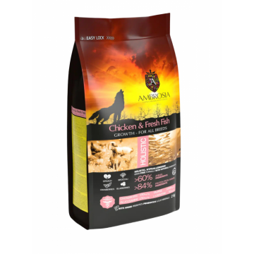 Hrana uscata pentru caini Ambrosia Junior, Pui si peste, hipoalergenic, fara cereale, 2kg