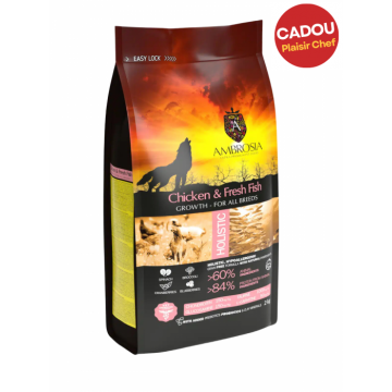 Hrana uscata pentru caini Ambrosia Junior, Pui si peste, hipoalergenic, fara cereale, 6kg