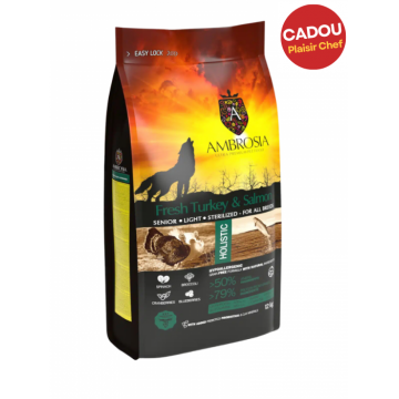 Hrana uscata pentru caini Ambrosia Senior Sterilized, Curcan proaspat si somon, hipoalergenic, fara cereale, 12kg