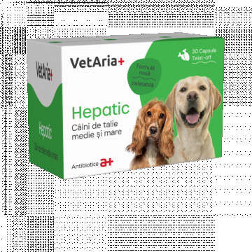 Supliment, VetAria+ Hepatic Caini Talie Medie si Mare, 30 capsule Twist-Off