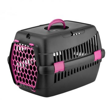 Cusca de transport 4Dog Deluxe neagra cu usa fuchsia 49 x 35 x 32,5 cm