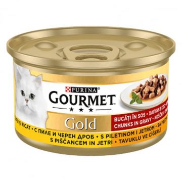 Hrana umeda pentru pisici Gourmet Gold cu pui si ficat in sos 85 g