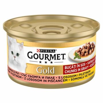Hrana umeda pentru pisici Gourmet Gold cu somon si pui 85 g