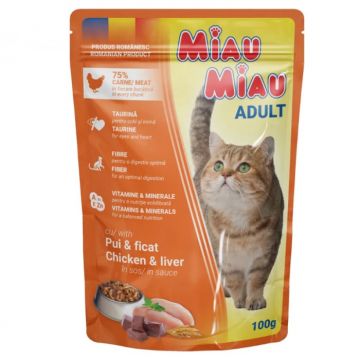 Hrana umeda pentru pisici Miau Miau cu pui  ficat in sos 100 gr
