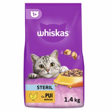 Hrana uscata pentru pisici Whiskas Steril cu pui 1,4 kg