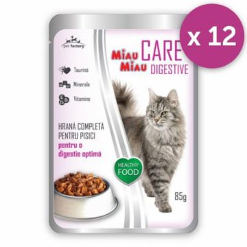 Set 12 buc x 85 gr Hrana umeda pentru pisici Miau Miau Care Digestive cu miel