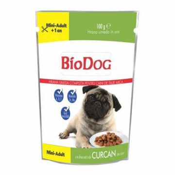 Set 22 buc x 100 gr Hrana umeda pentru caini Biodog Mini Adult cu curcan in sos