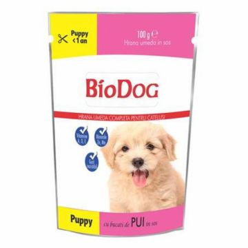 Set 22 buc x 100 gr Hrana umeda pentru catelusi Biodog Puppy cu pui in sos