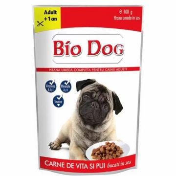 Set 24 buc x 100 gr Hrana umeda pentru caini Biodog Mini Adult cu vita  pui