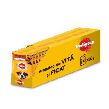 Set 24 buc x 100 gr Hrana umeda pentru caini Pedigree Adult cu vita  ficat