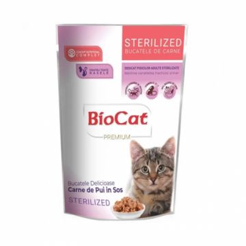 Set 24 buc x 85 gr Hrana umeda pentru pisici Biocat Sterilized cu pui in sos