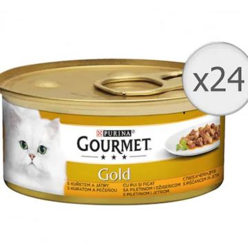 Set 24 buc x 85 gr Hrana umeda pentru pisici Gourmet Gold cu pui  ficat in sos
