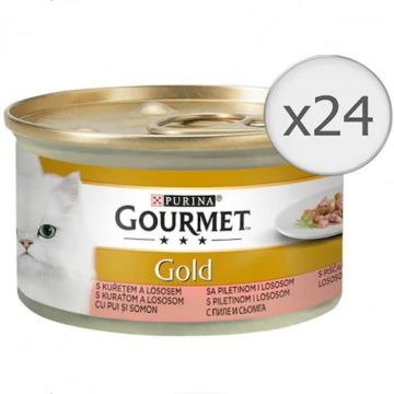 Set 24 buc x 85 gr Hrana umeda pentru pisici Gourmet Gold cu somon  pui