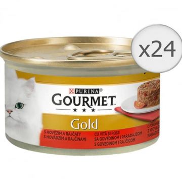 Set 24 buc x 85 gr Hrana umeda pentru pisici Gourmet Gold Savoury Cake cu vita  rosii