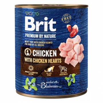 Conserva pentru caini Brit Premium cu pui  inimi de pui 800 gr