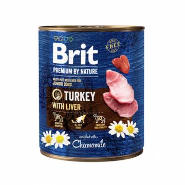 Conserva pentru caini Brit Premium Junior cu curcan  ficat 800 gr