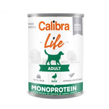 Conserva pentru caini Calibra Dog Life Adult cu rata  orez 400 gr