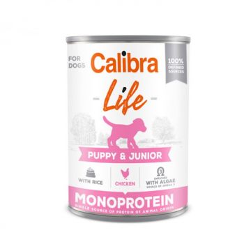Conserva pentru caini Calibra Dog Life Puppy  Junior cu pui  orez 400 gr
