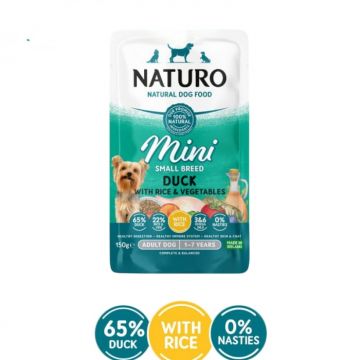 Hrana umeda pentru caini Naturo Mini Adult cu rata  orez 150 gr