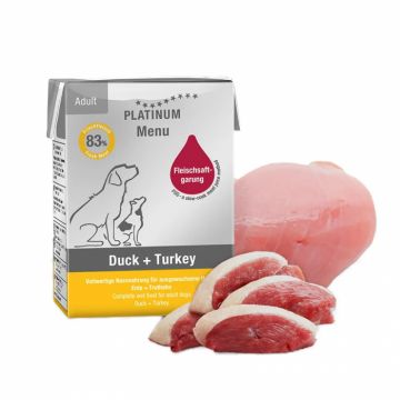 Hrana umeda pentru caini Platinum Menu Adult cu rata  curcan 185 gr