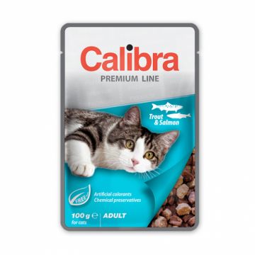 Hrana umeda pentru pisici Calibra Premium Line cu pastrav  somon 100 gr