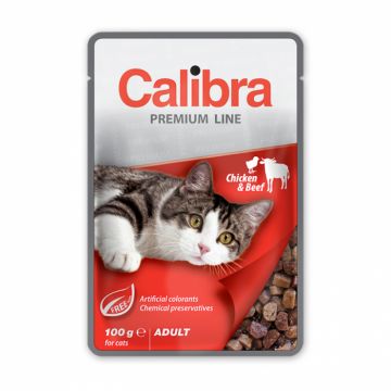 Hrana umeda pentru pisici Calibra Premium Line cu pui  vita 100 gr