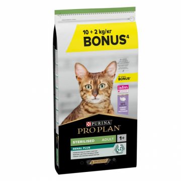 Hrana uscata pentru pisici Pro Plan Sterilised Renal cu curcan 10 + 2 kg GRATIS