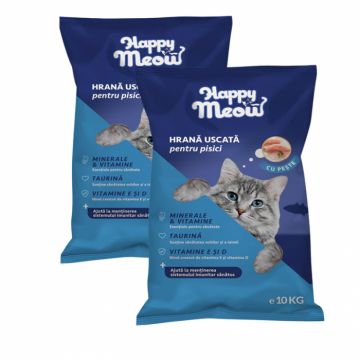 Oferta 2 saci x 10 kg Hrana uscata pentru pisici Happy Meow cu peste