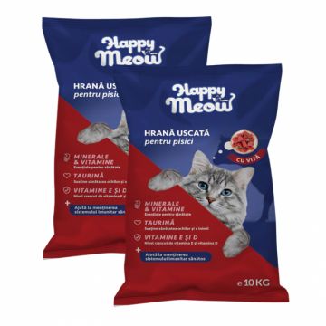Oferta 2 saci x 10 kg Hrana uscata pentru pisici Happy Meow cu vita